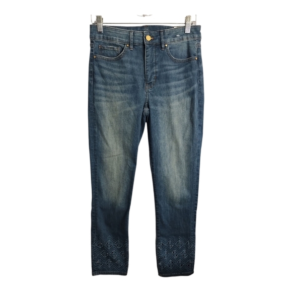 White House Black Market Denim - WHBM High Rise Laser Hem Slim Crop Boho Festival Hippie‎ Preppy Jean 4 LONG